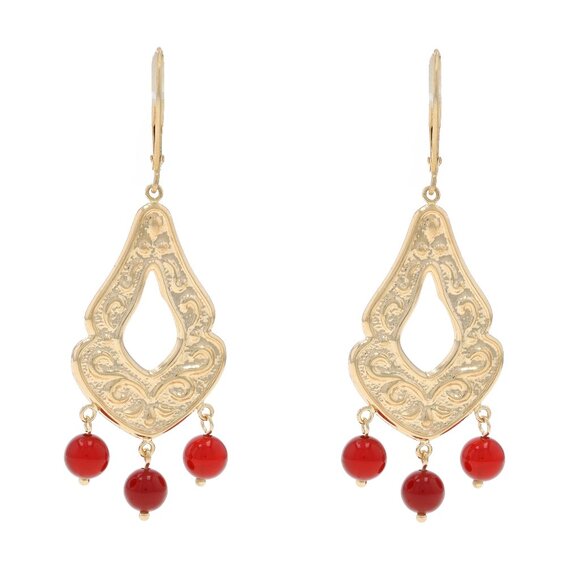 Yellow Gold Carnelian Chandelier Dangle Earrings - 14k Bead Scallop Scroll